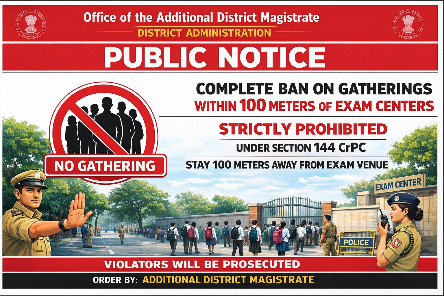 Additional District Magistrate imposes complete ban on gathering within 100 meters of Class 8th and 10th examination centers