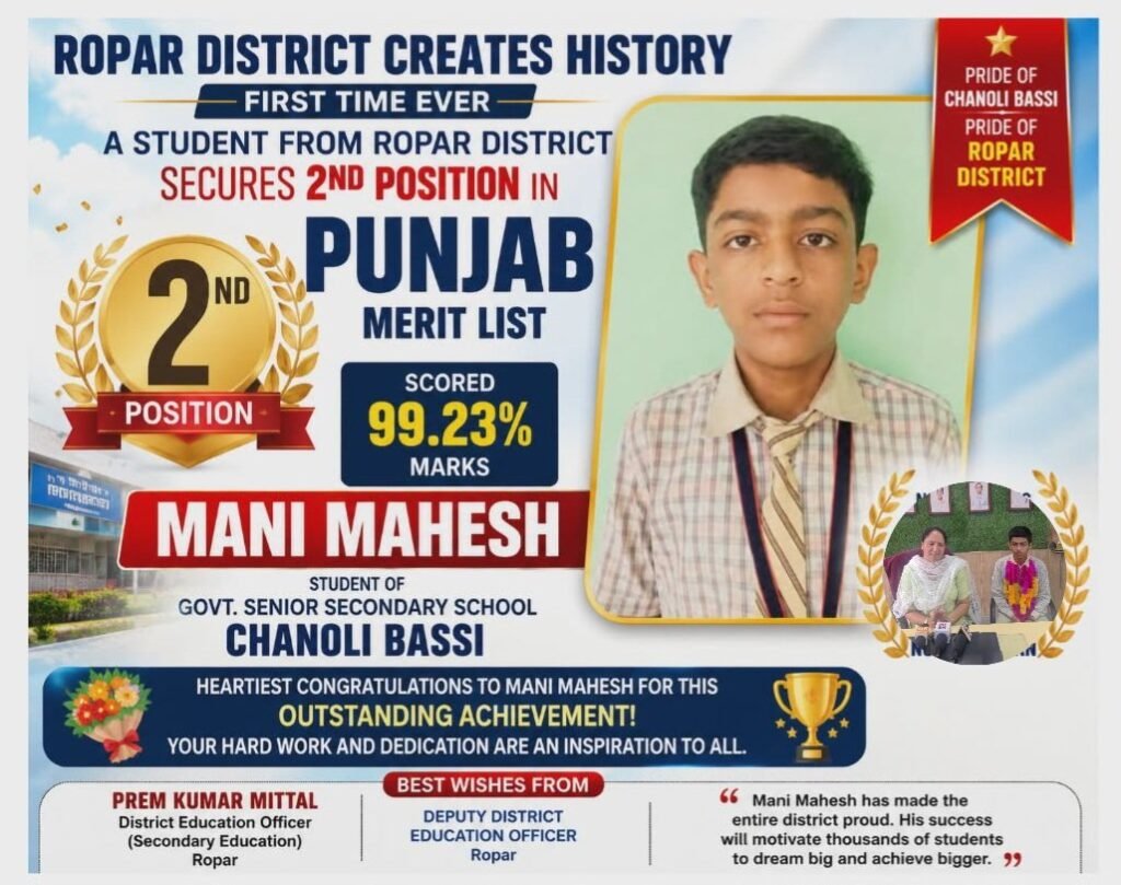 Mani Mahesh Secures 2nd Position in Punjab Merit List